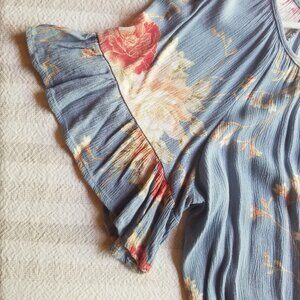Maurices Small Tie-in- Front Flowy Floral Light Blue Ruffle Short Sleeve Blouse